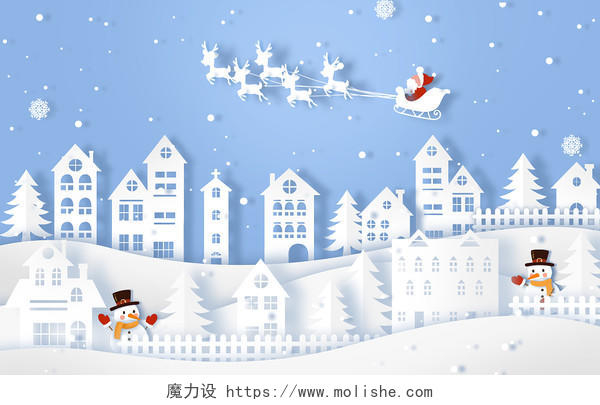 剪纸圣诞节雪地风景插画JPG节日雪人圣诞节卡通